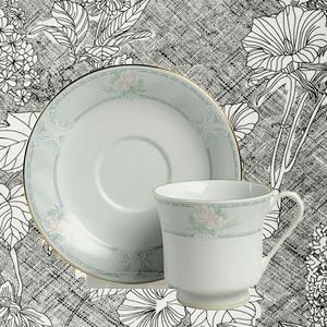 Vintage Tienshan "Regency"  Grey Rim, Pink Rose Footed Cup & Saucer Retired 1992